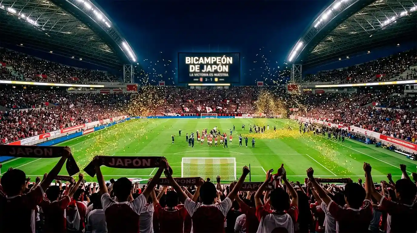 Estadio de Vissel Kobe con afición celebrando el bicampeonato de la J League